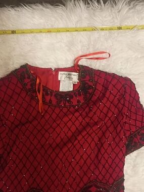 Papell Boutique Red Beaded Sequin Short-Sleeve Top